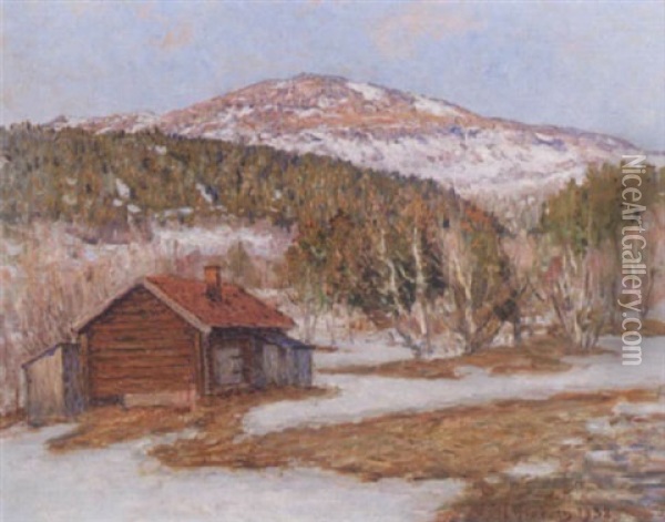 Berglandskap Med Byggnad - Vinter Oil Painting - Anton Genberg
