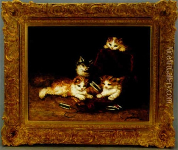 Four Kittens At Play With A Spool Of Wool Oil Painting - Marie Yvonne Laur