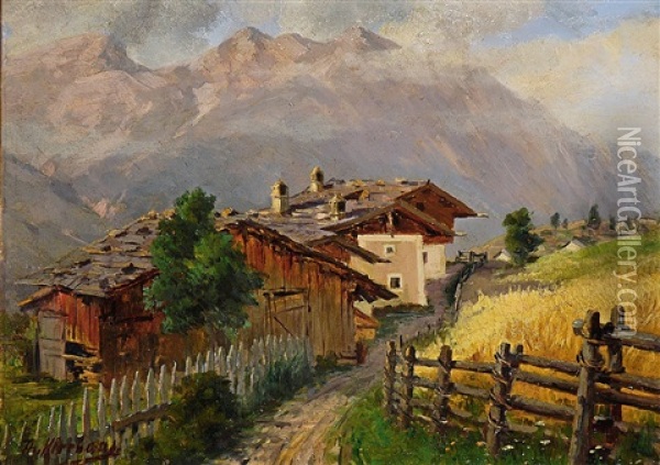 Bauernhauser In Tirol (sketch) Oil Painting - Theodor Kleehaas