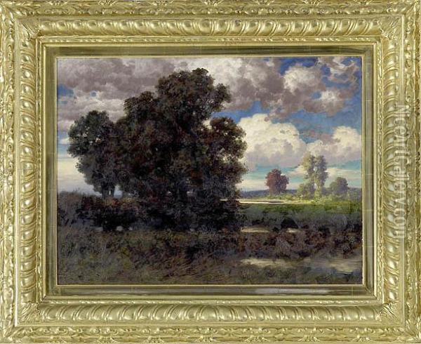 Landschaft Mit Baumgruppe An Gewasser Oil Painting - Hermann Traugott Rudisuhli