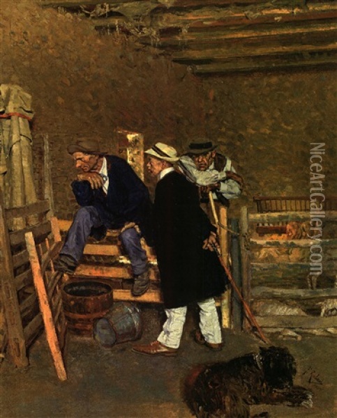 Russischer Gutsherr Und Zwei Landarbeiter Im Schafstall Oil Painting - Franz Roubaud
