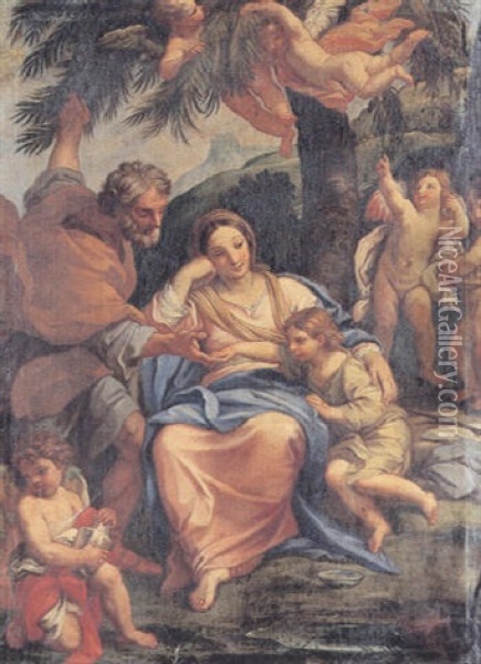 Den Hellige Familie Omgivet Af Amoriner Oil Painting - Lorenzo Lotto