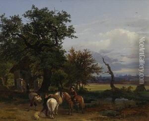 Landschaft Mit Reiter Und
 Knechten, Die Ein Pferd Bepacken. Oil Painting - Franz Reinhold