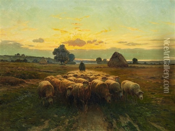 A Herd Of Sheep At Sunset Oil Painting - Alexis Jean Fournier