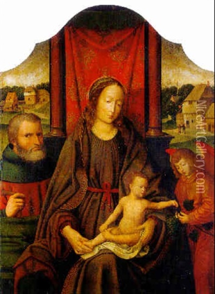 Virgin And Child With Saint Joseph And An Angel Oil Painting - Joos Van Cleve