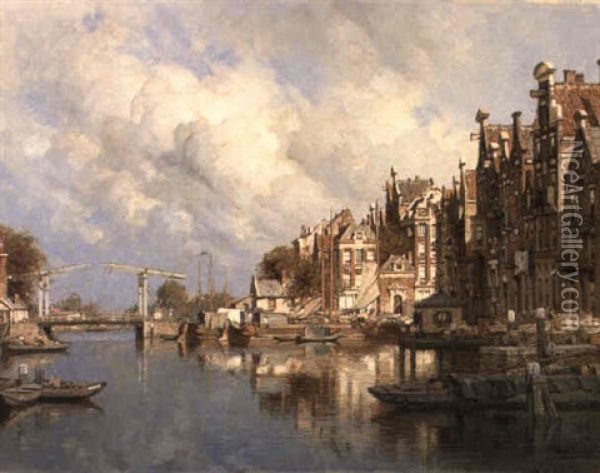 Barges On A Canal - Outskirts Of The Hague Oil Painting - Johannes Christiaan Karel Klinkenberg