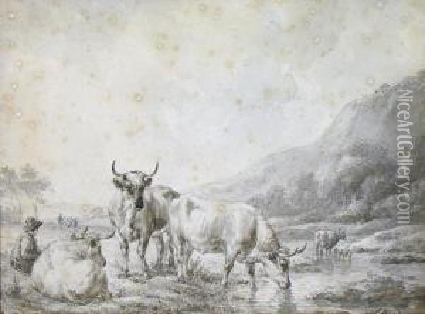 Cattle At The Stream Oil Painting - Hendrikus van den Sande Bakhuyzen