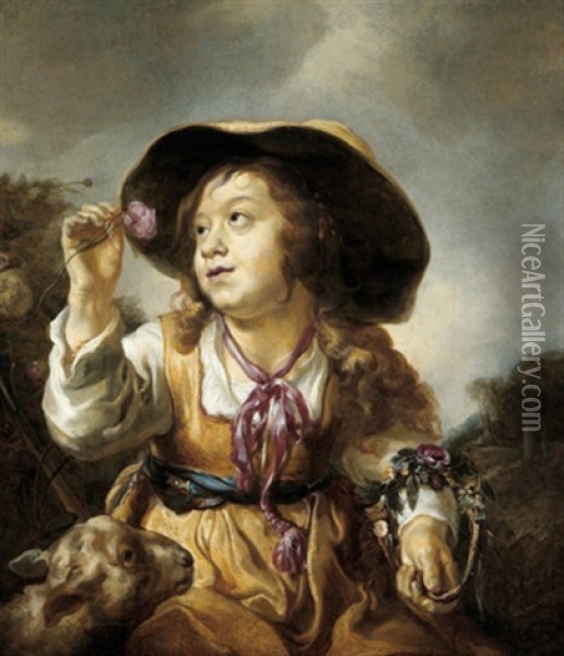 Bildnis Eines Hirtenmadchens Mit Einem Blumenkranz, Eine Rose Betrachtend Oil Painting - Jan van Noordt