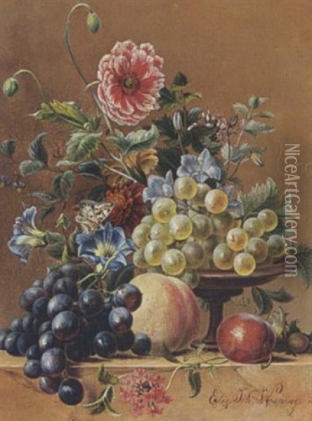 A Still Life Of Grapes, A Peach, And A Butterfly On A Table Oil Painting - Elisabeth Johanna Koning