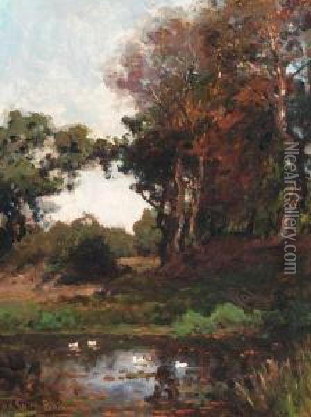 A Woodland With Ducks In A Pond Oil Painting - Julius Jacobus Van De Sande Bakhuyzen