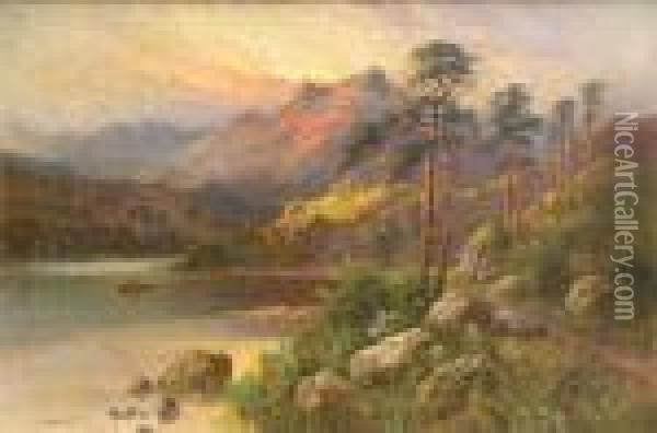 Sunset Over Ahighland Loch Oil Painting - Alfred de Breanski