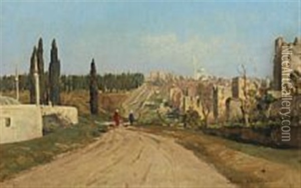 Turkish Landscape With Ruins, In The Background A Mosque Oil Painting - Harald-Adof-Nikolaj Jerichau