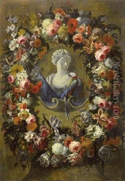Buste De Femme Et Perroquet Dans Une Guirlande De Fleurs Oil Painting - Jean-Baptiste Morel