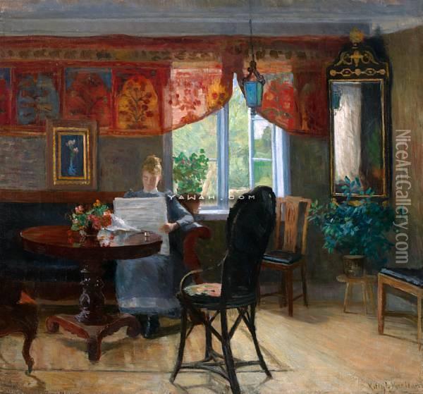 Interior Med Lesende Kvinne Olje Pa Lerret Oil Painting - Kitty Christine Kielland