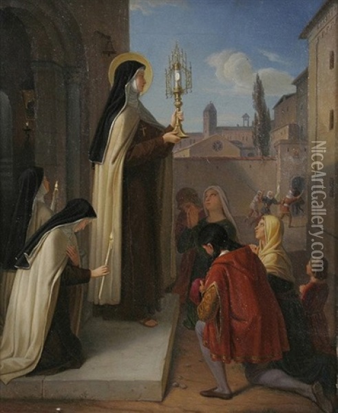 Die Heilige Klara Mit Der Monstranz Vor Dem Portal Des Klosters, Im Hintergrund Fliehende Sarazenen Oil Painting - Johann Baptist Mueller