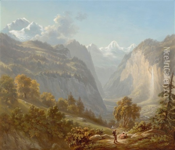 Lauterbrunnen Valley With Staubach And The Jungfrau Massif Oil Painting - Heinrich Fischer