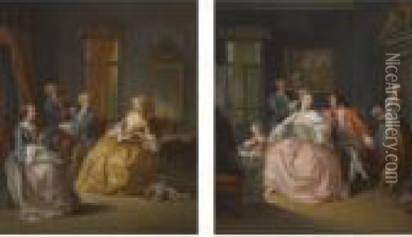 An Interior Scene With A Lady 
Having Her Hair Coiffured, Seatedbeside A Child And A Man, Two Maids 
Beyond Oil Painting - Pietro Longhi