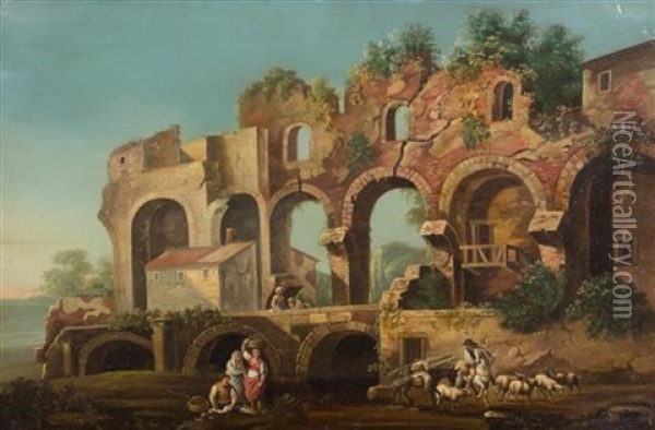 Working Women Amongst Aquaduct Ruins Oil Painting - Hubert Robert