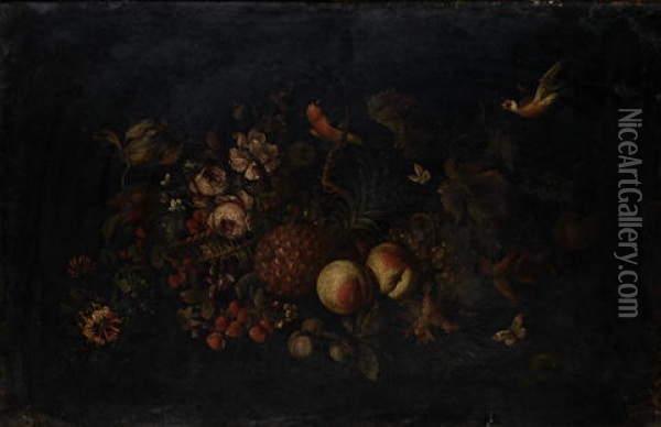 A Pineapple, Peaches And Grapes With A Basket Of Flowers With Butterflies And Birds Oil Painting - Herman van der Myn