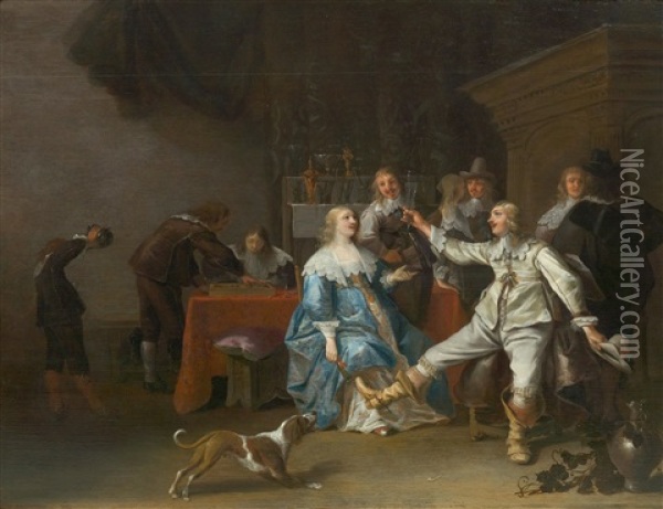 Festive Gathering In An Interior With Figures Playing A Game In The Background Oil Painting - Anthonie Palamedesz