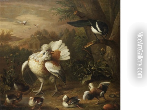 A Hen And Her Chicks, With A Magpie, Before A Farm House Oil Painting - Jakob Bogdani