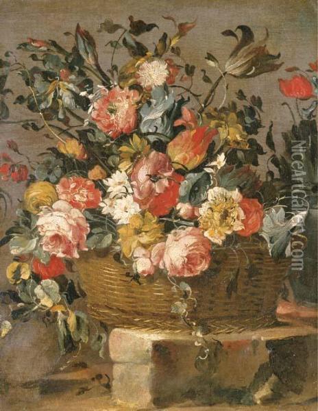 Flowers In A Basket On A Stone Ledge Oil Painting - Francesco Guardi