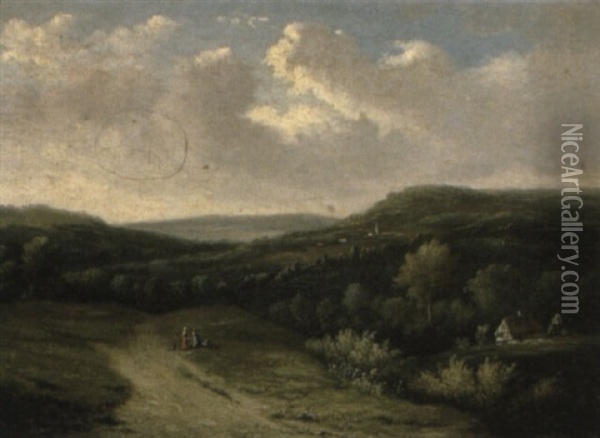 Figures In An Extensive Landscape Oil Painting - Jean-Baptiste Davelooze