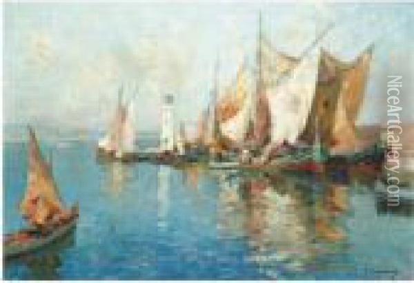 Boats In A Harbour Oil Painting - Georges Lapchine