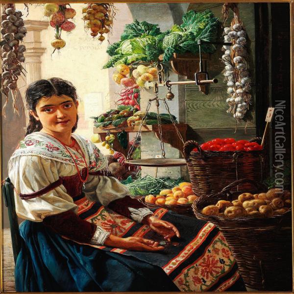 A Young Roman Greengrocer Near Piazza Del Popolo Oil Painting - Frederick Christian Lund