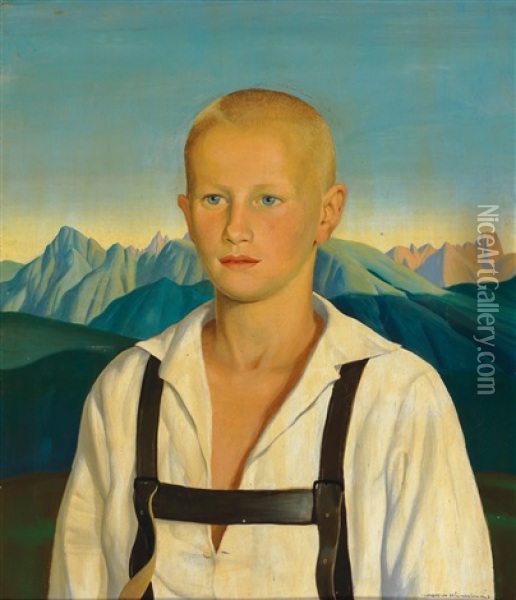 Portrait Of A Boy In A Mountain Landscape Oil Painting - Herbert Reyl-Hanisch