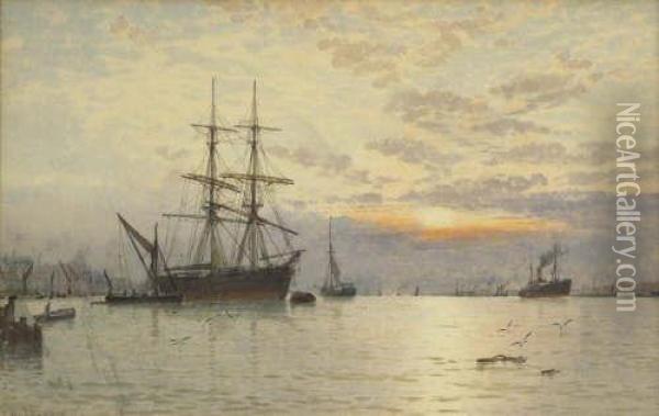 Shipping At Anchor In The Pool Of London Oil Painting - George Stanfield Walters