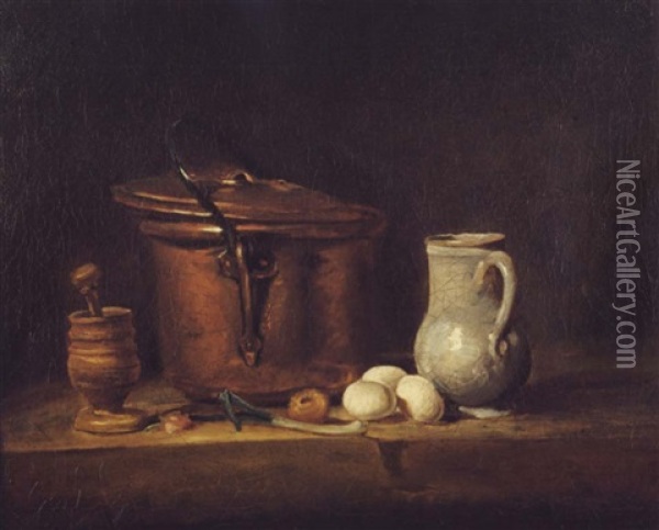 Table De Cuisine Avec Marmite De Cuivre, Egrugeoir Et Son   Pilon... Oil Painting - Jean-Baptiste-Simeon Chardin