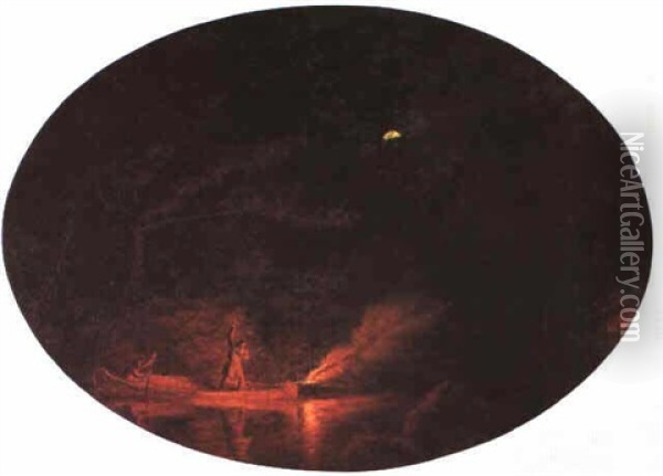 Moonlight - Salmon Fishing Oil Painting - Cornelius David Krieghoff