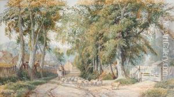 A Shepherd And His Flock On A Countrylane Oil Painting - Joseph Charles Reed