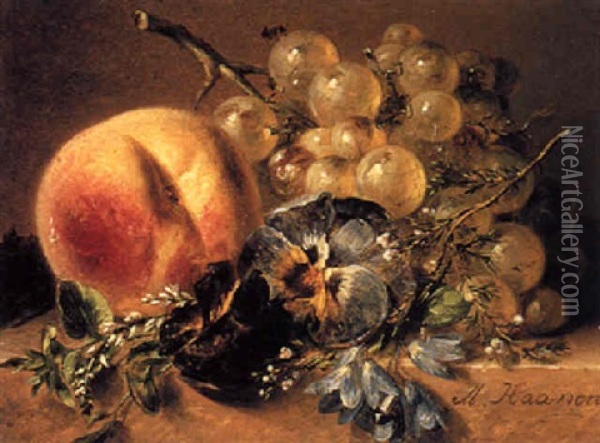 A Still Life With A Peach, Grapes And Violets Oil Painting - Adriana Johanna Haanen