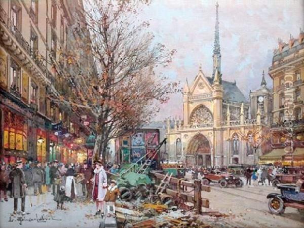 Animation Sur Le Boulevard Magenta A Paris. Oil Painting - Eugene Galien-Laloue