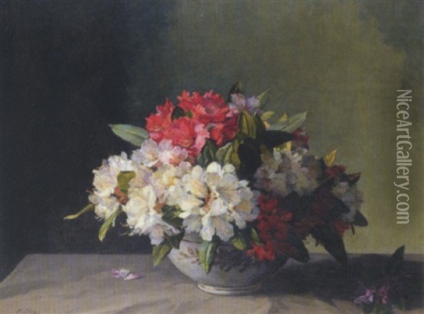 Rhododendrons In A Lustre Bowl Oil Painting - Hans (Jean) Iten