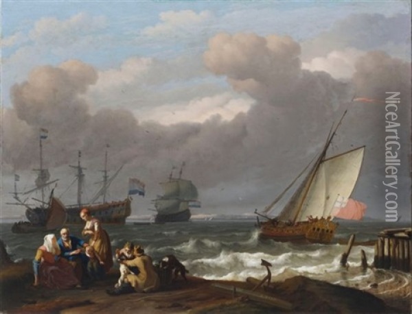 An English Royal Yacht Leaving Harbour In Choppy Seas With Two Dutch Men-o'war Beyond And A Fisherman's Family With Two Dogs On The Shore In The Foreground Oil Painting - Ludolf Backhuysen the Elder