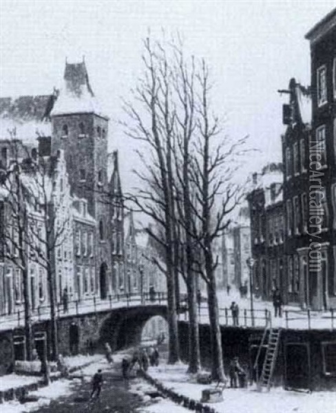 A Canal In Utrecht In Winter Oil Painting - Oene Romkes De Jongh