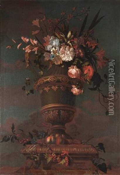 Roses, Tulips, Narcissi And Other Flowers In A Vase On A Marble Ledge With Grapes, Cherries, Red Currants And Apples Oil Painting - Jakob Bogdani
