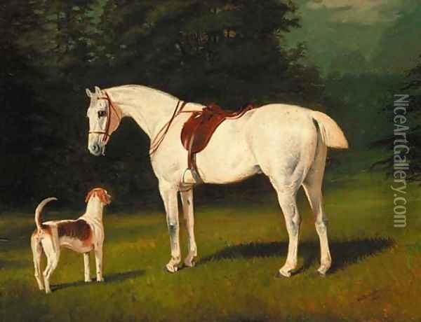 John Peel, a grey hunter and Sampson, a hound in a landscape Oil Painting - Arthur Louis Townshend