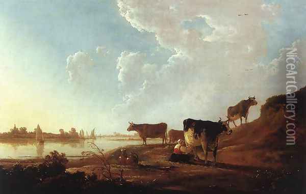 River Scene with Milking Woman c. 1646 Oil Painting - Aelbert Cuyp