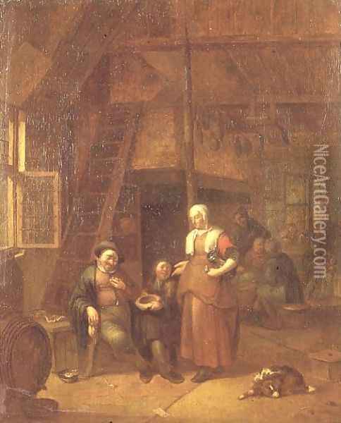 The interior of an inn with a man paying a serving woman Oil Painting - Gillis de Winter