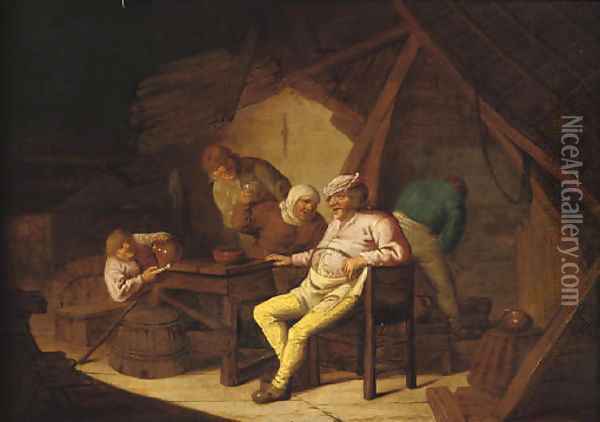 Peasants smoking and drinking in a barn Oil Painting - Adriaen Jansz. Van Ostade