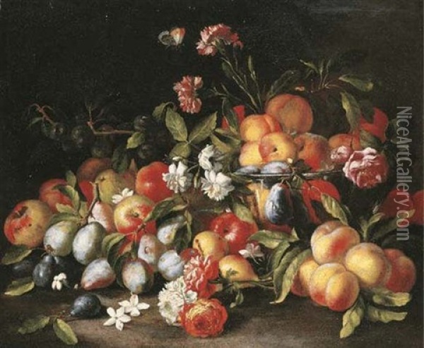 Apples, Pears, Peaches And Plums With Carnations, Roses, Peaches And Plums In A Glass Bowl With An Orange-tip Butterfly Oil Painting - Abraham Brueghel
