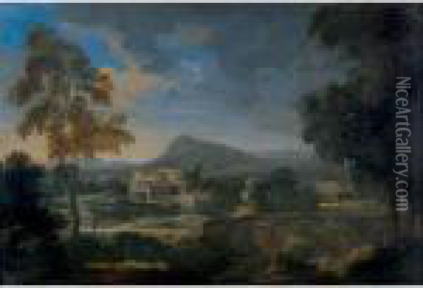 Landscape With Fort And Figures In The Foreground By A Stream Oil Painting - Gaspard Dughet Poussin