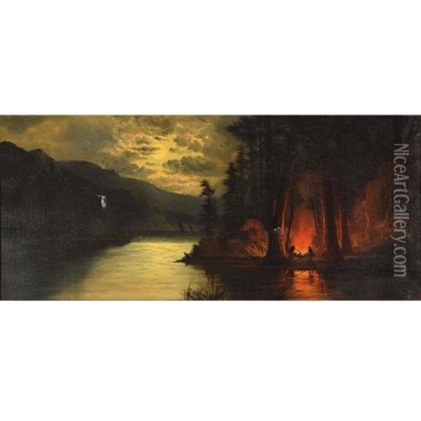 Mountain Night View With Men And Fire Oil Painting - John Englehart