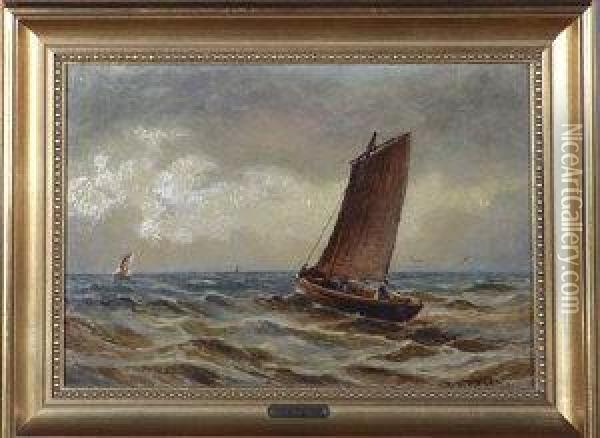 Fishing Boats Putting Out To Sea Oil Painting - Bernard Benedict Hemy