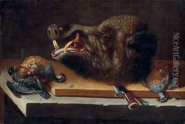 A still life with the head of a wild boar and three partridges, on a table Oil Painting - German School