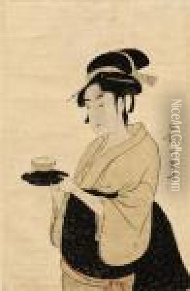 The Tea Waitress Okita Of The Naniwaya, Holding A Teacup, Signed Oil Painting - Kitagawa Utamaro